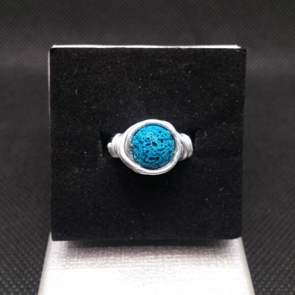 Artisan Turquoise Lava Stone Ring Silver Tone Wire Wrapped Diffuser Boho Sz 8.5 - Picture 1 of 13